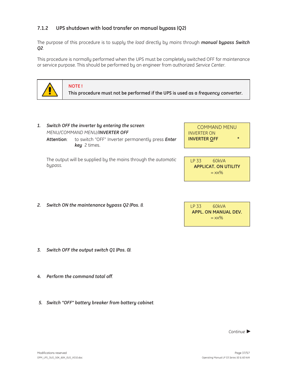 GE Industrial Solutions LP 33 Series 50 & 60 kVA Operating Manual User Manual | Page 37 / 57