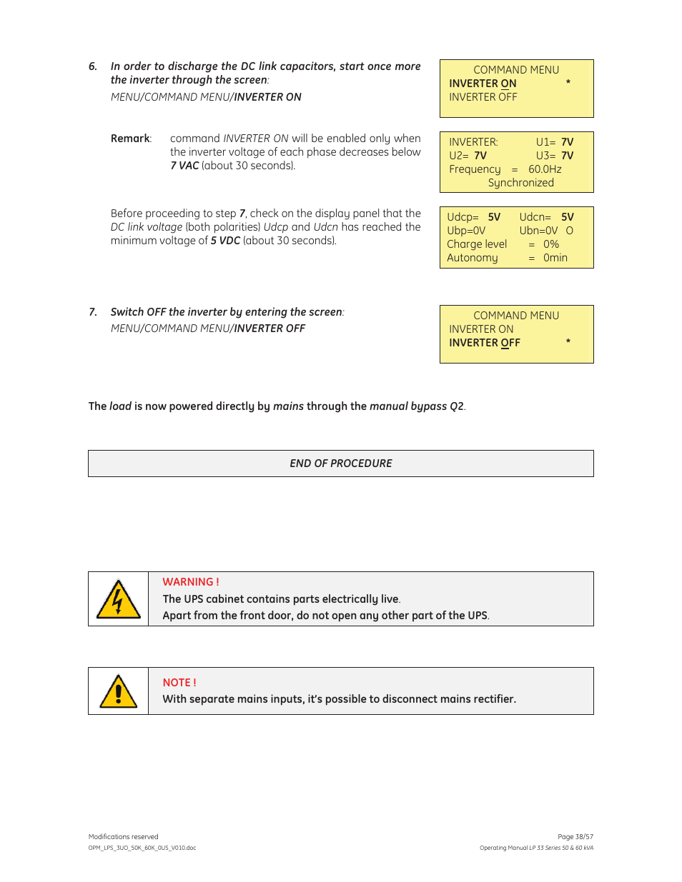 GE Industrial Solutions LP 33 Series 50 & 60 kVA Operating Manual User Manual | Page 38 / 57
