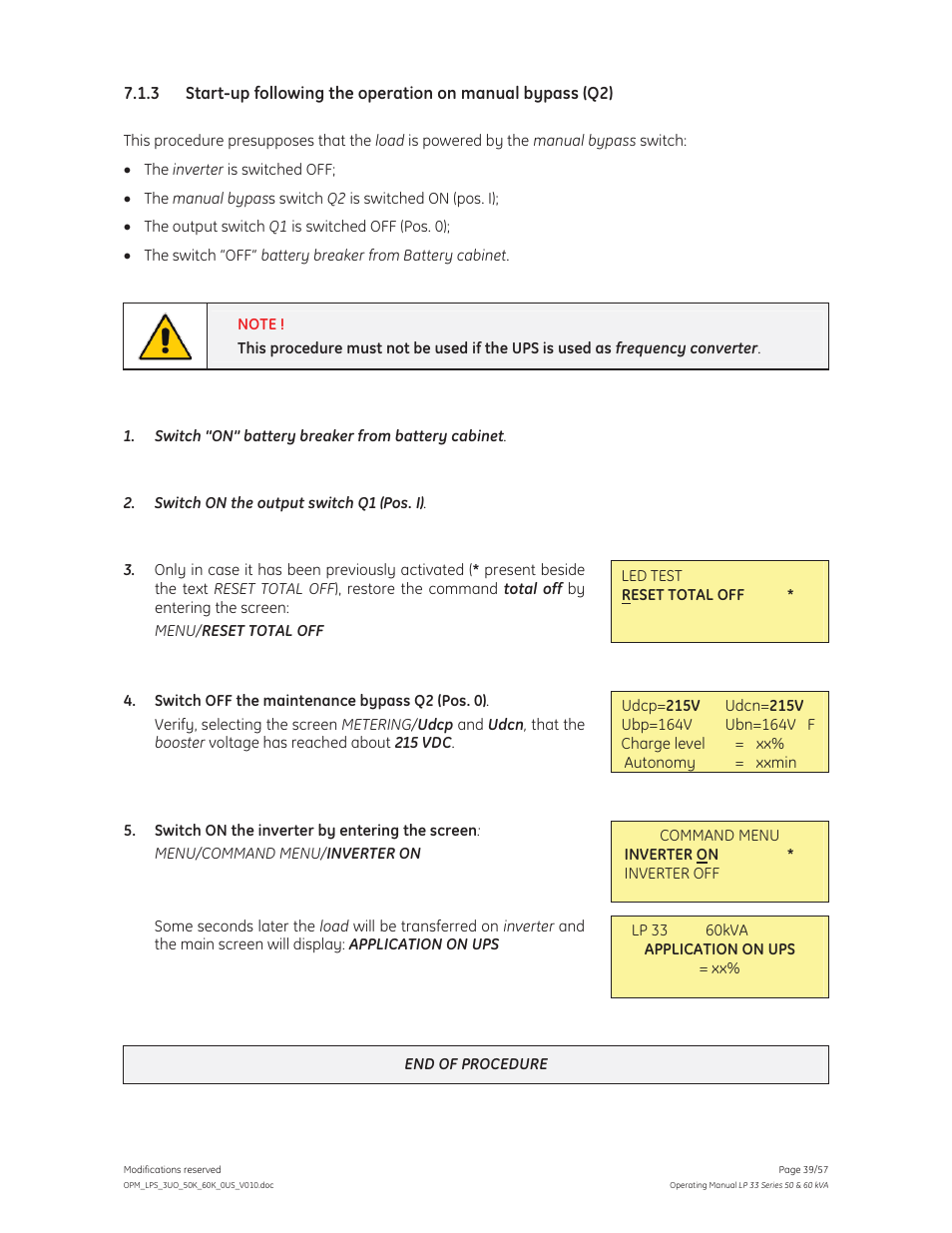 GE Industrial Solutions LP 33 Series 50 & 60 kVA Operating Manual User Manual | Page 39 / 57