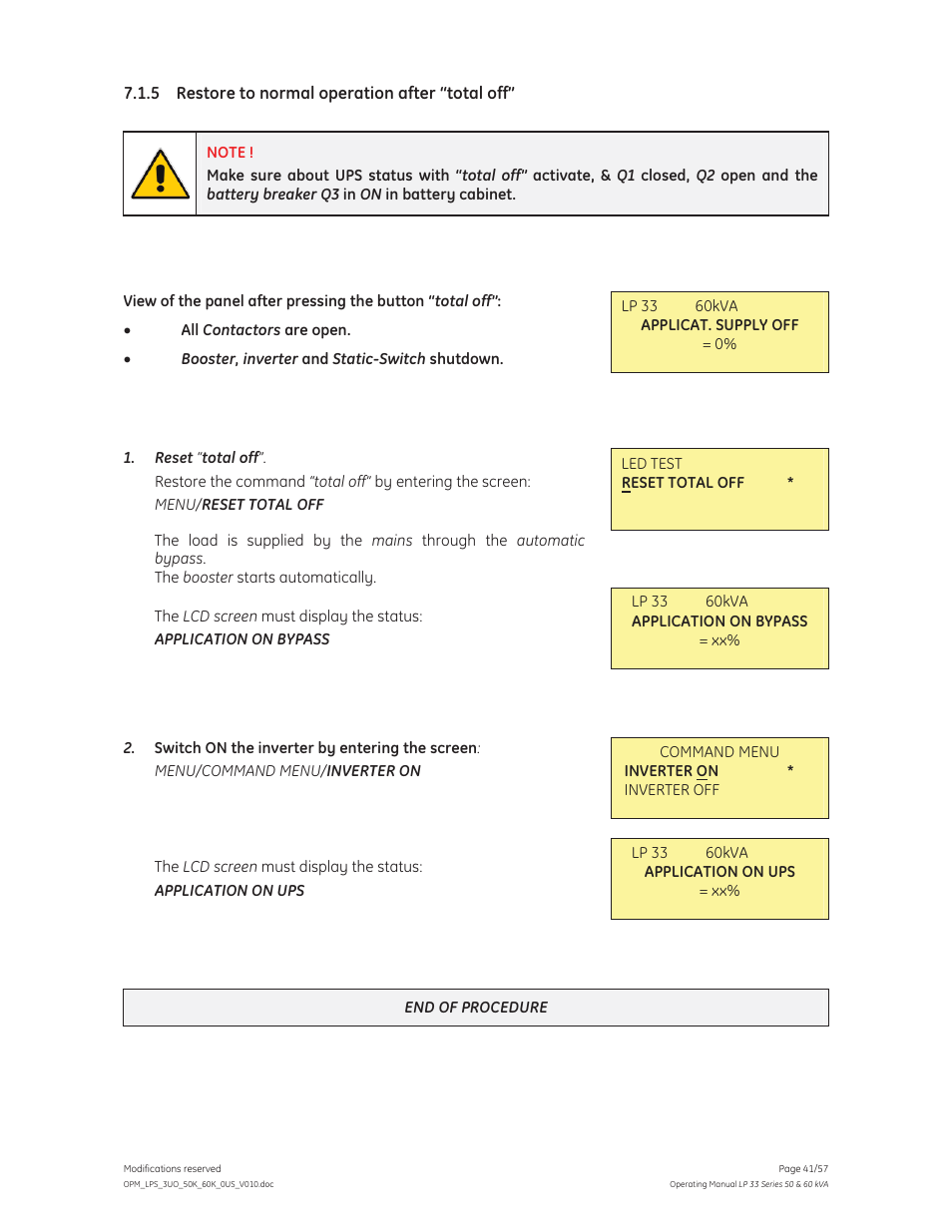 GE Industrial Solutions LP 33 Series 50 & 60 kVA Operating Manual User Manual | Page 41 / 57
