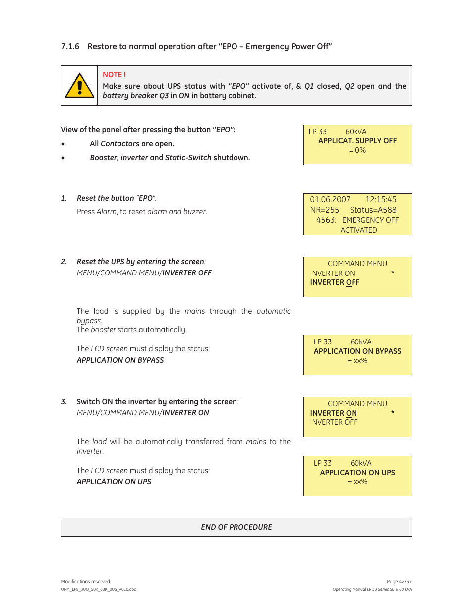 GE Industrial Solutions LP 33 Series 50 & 60 kVA Operating Manual User Manual | Page 42 / 57
