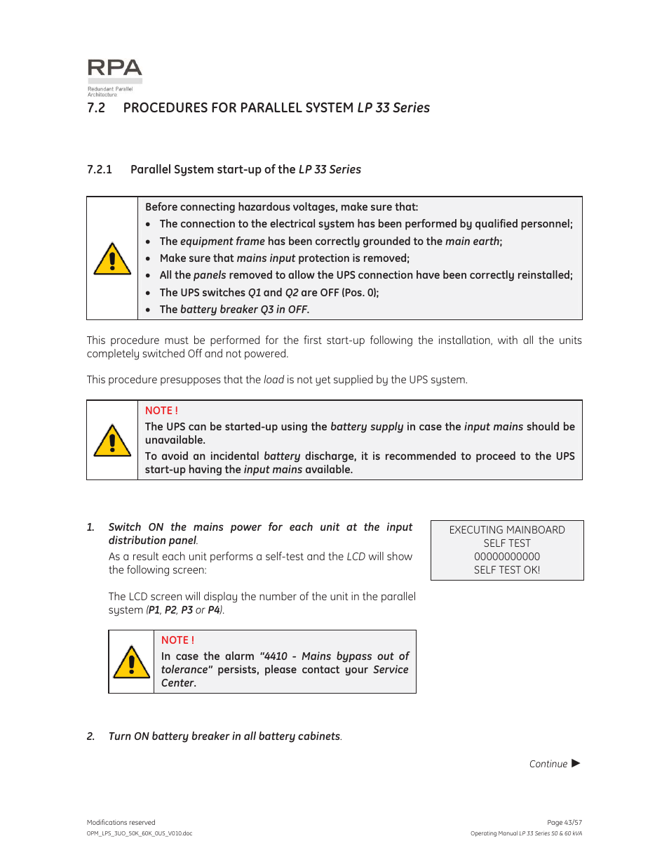 2 procedures for parallel system lp 33 series | GE Industrial Solutions LP 33 Series 50 & 60 kVA Operating Manual User Manual | Page 43 / 57