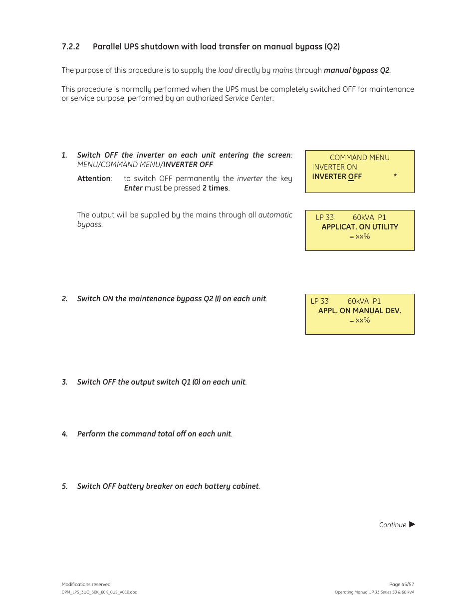 GE Industrial Solutions LP 33 Series 50 & 60 kVA Operating Manual User Manual | Page 45 / 57
