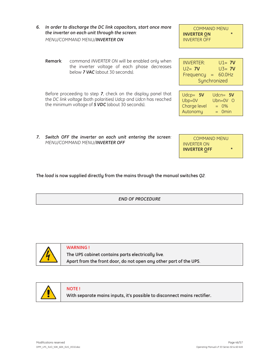 GE Industrial Solutions LP 33 Series 50 & 60 kVA Operating Manual User Manual | Page 46 / 57
