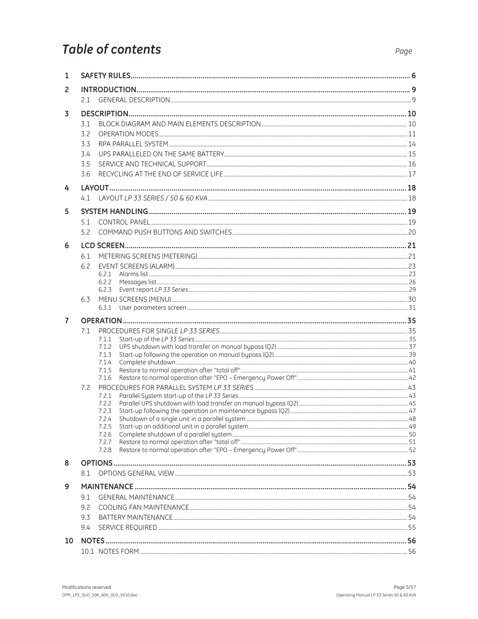 GE Industrial Solutions LP 33 Series 50 & 60 kVA Operating Manual User Manual | Page 5 / 57