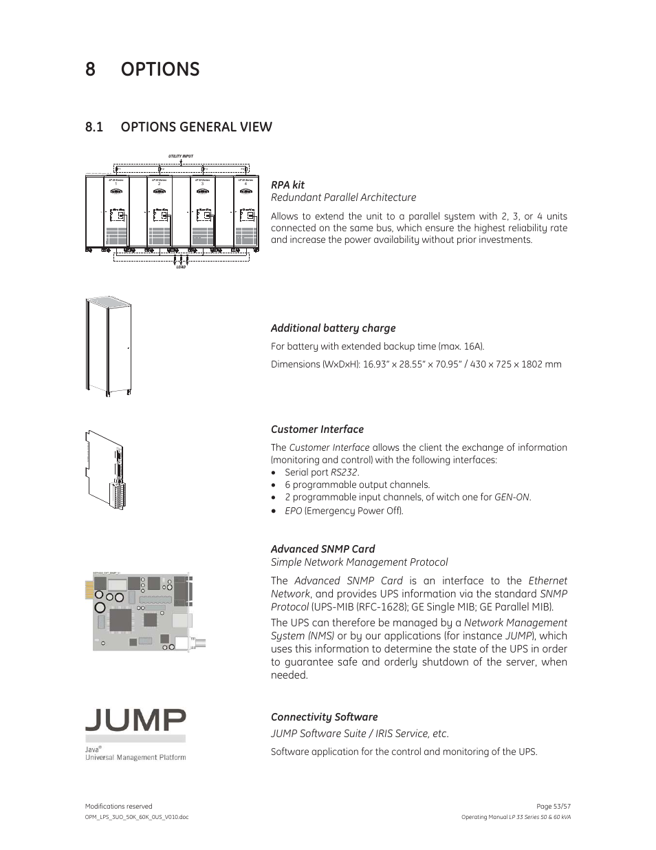 8 options, 1 options general view | GE Industrial Solutions LP 33 Series 50 & 60 kVA Operating Manual User Manual | Page 53 / 57