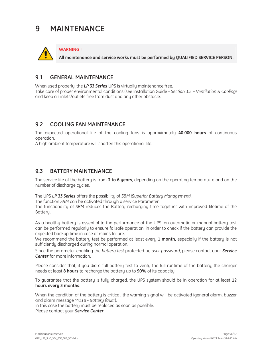 9 maintenance, 1 general maintenance, 2 cooling fan maintenance | 3 battery maintenance | GE Industrial Solutions LP 33 Series 50 & 60 kVA Operating Manual User Manual | Page 54 / 57
