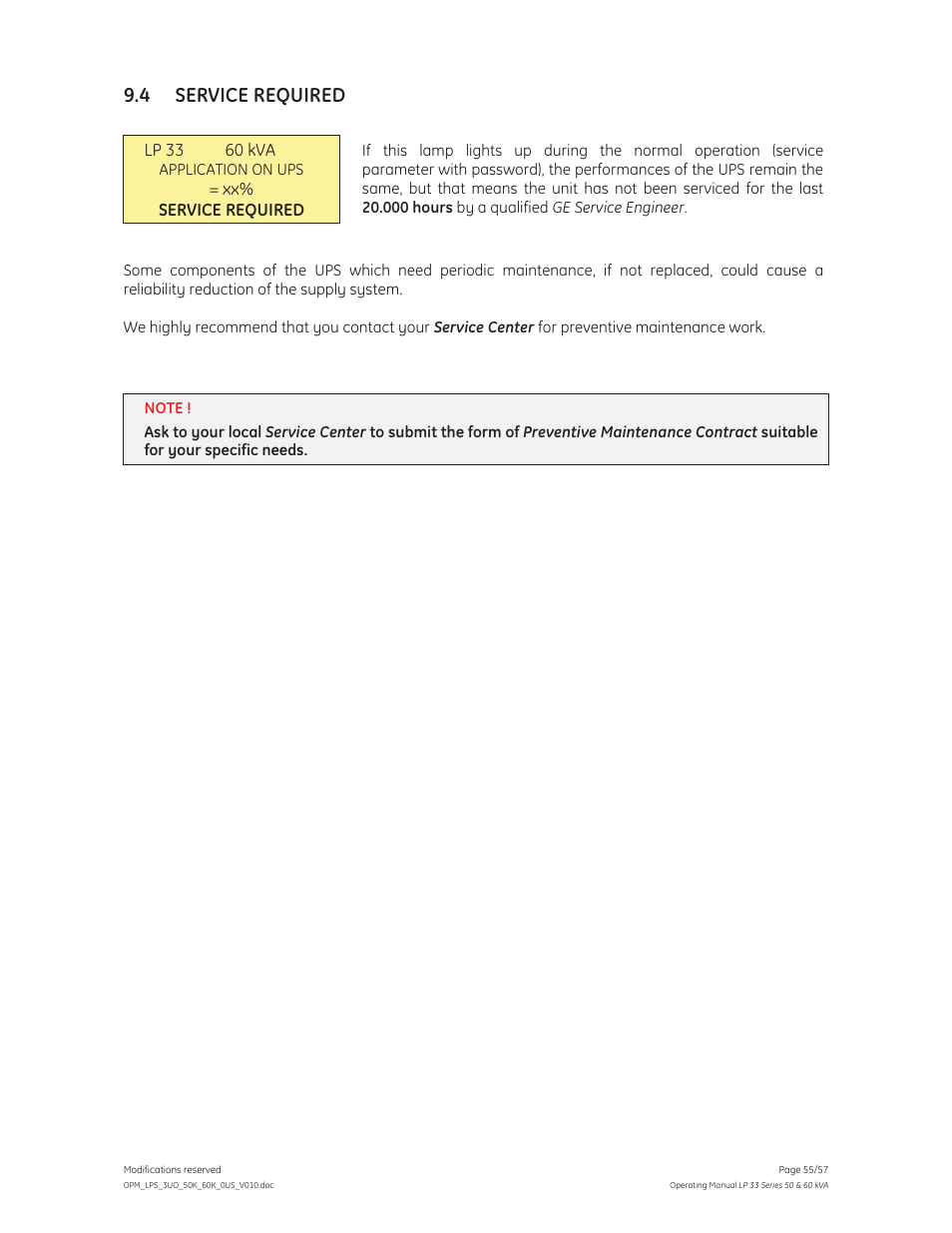 4 service required | GE Industrial Solutions LP 33 Series 50 & 60 kVA Operating Manual User Manual | Page 55 / 57