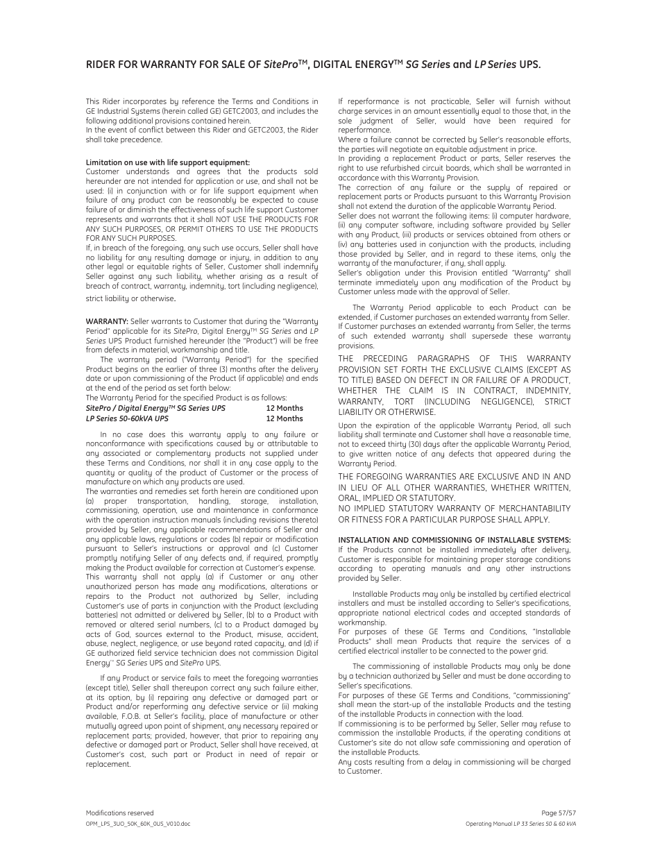 Rider for warranty for sale of sitepro, Digital energy, Sg serie s and lp | Series ups | GE Industrial Solutions LP 33 Series 50 & 60 kVA Operating Manual User Manual | Page 57 / 57