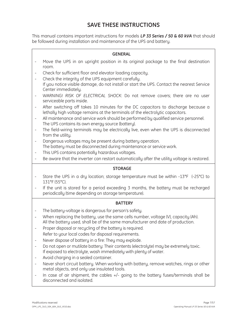 Save these instructions | GE Industrial Solutions LP 33 Series 50 & 60 kVA Operating Manual User Manual | Page 7 / 57