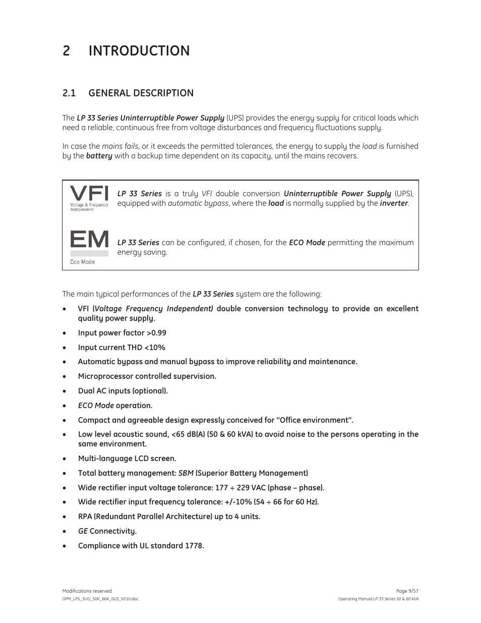 2 introduction, 1 general description | GE Industrial Solutions LP 33 Series 50 & 60 kVA Operating Manual User Manual | Page 9 / 57