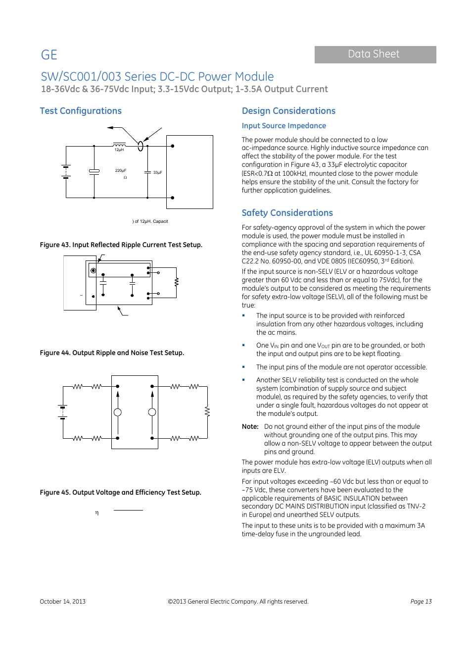 Data sheet, Test configurations, Design considerations | Safety considerations, Input source impedance, Figure 44. output ripple and noise test setup, Pin and one v | GE Industrial Solutions SW-SC001-003 Series User Manual | Page 13 / 25