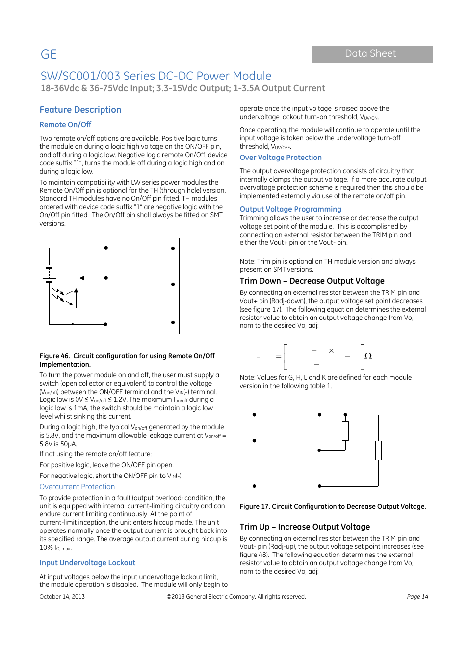 Data sheet, Feature description | GE Industrial Solutions SW-SC001-003 Series User Manual | Page 14 / 25