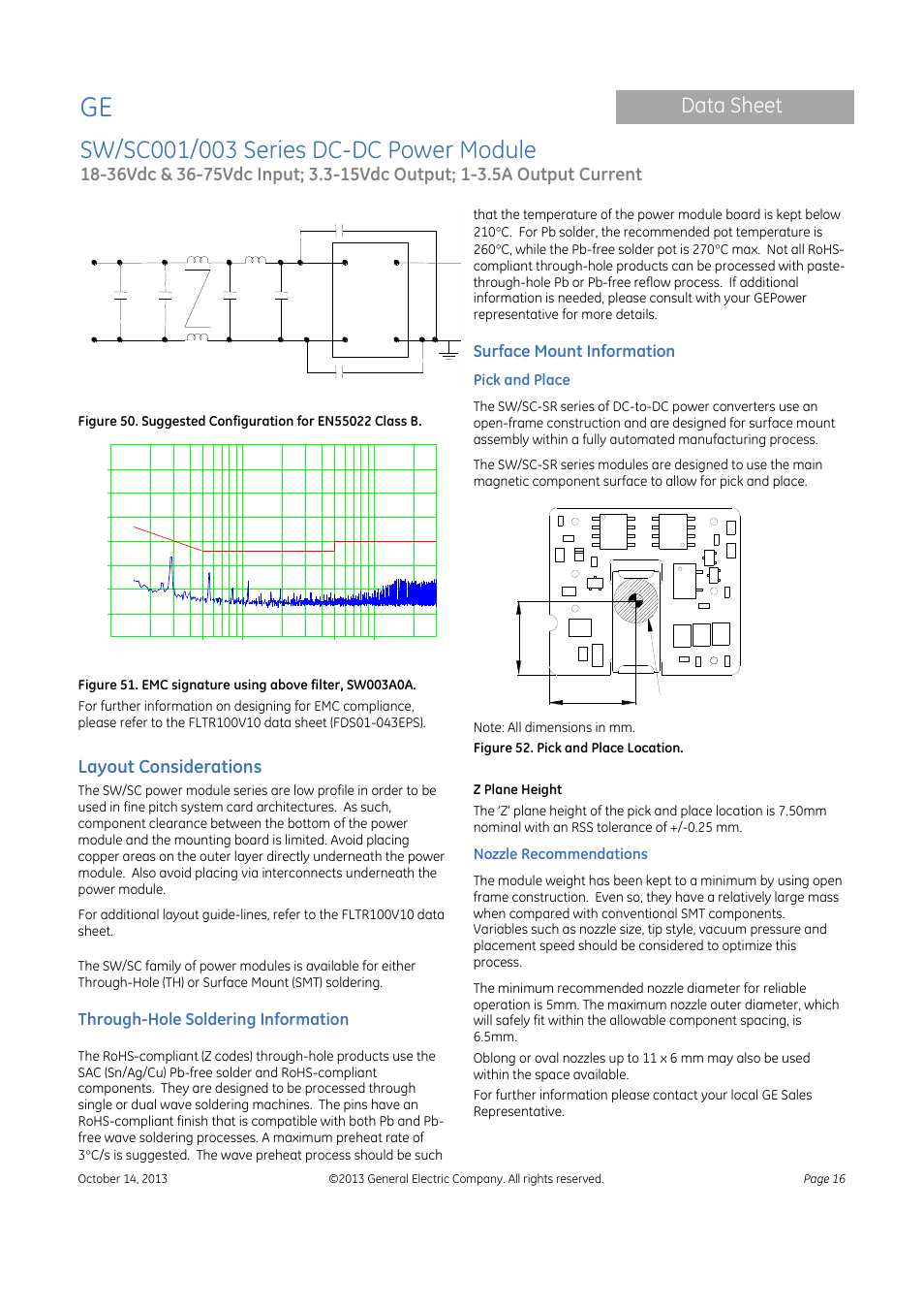 Data sheet, Layout considerations, Through-hole soldering information | Surface mount information | GE Industrial Solutions SW-SC001-003 Series User Manual | Page 16 / 25