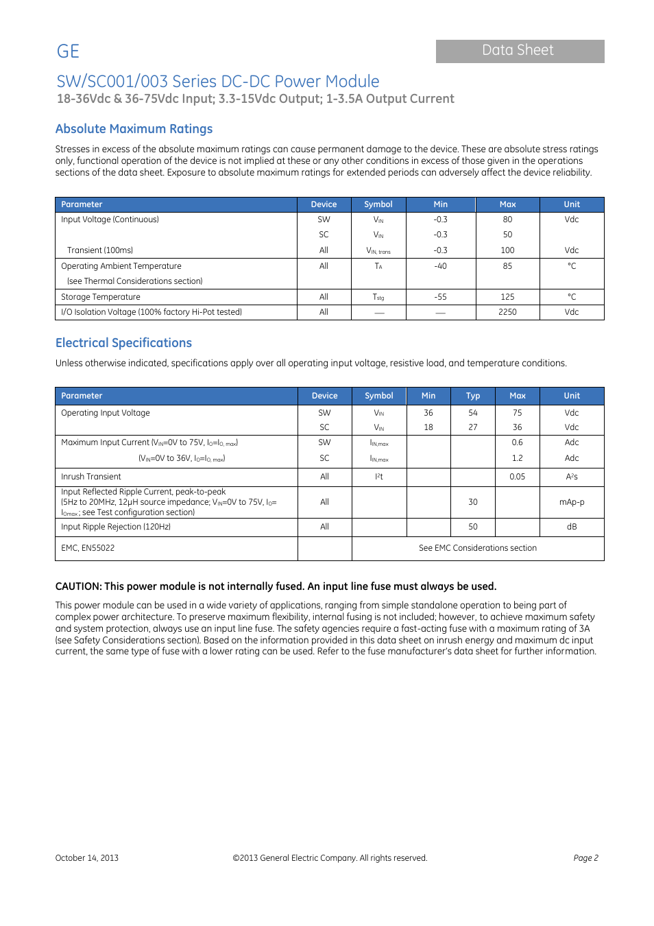 Data sheet, Absolute maximum ratings, Electrical specifications | GE Industrial Solutions SW-SC001-003 Series User Manual | Page 2 / 25