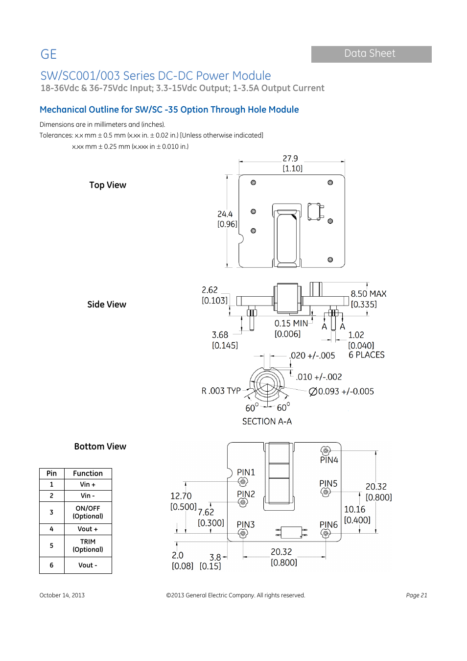 Data sheet | GE Industrial Solutions SW-SC001-003 Series User Manual | Page 21 / 25