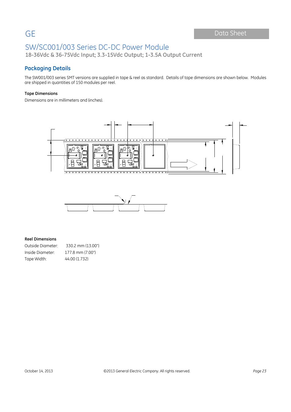 Data sheet, Packaging details | GE Industrial Solutions SW-SC001-003 Series User Manual | Page 23 / 25