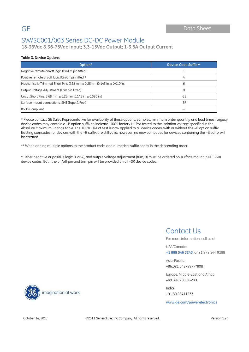 Contact us, Data sheet | GE Industrial Solutions SW-SC001-003 Series User Manual | Page 25 / 25