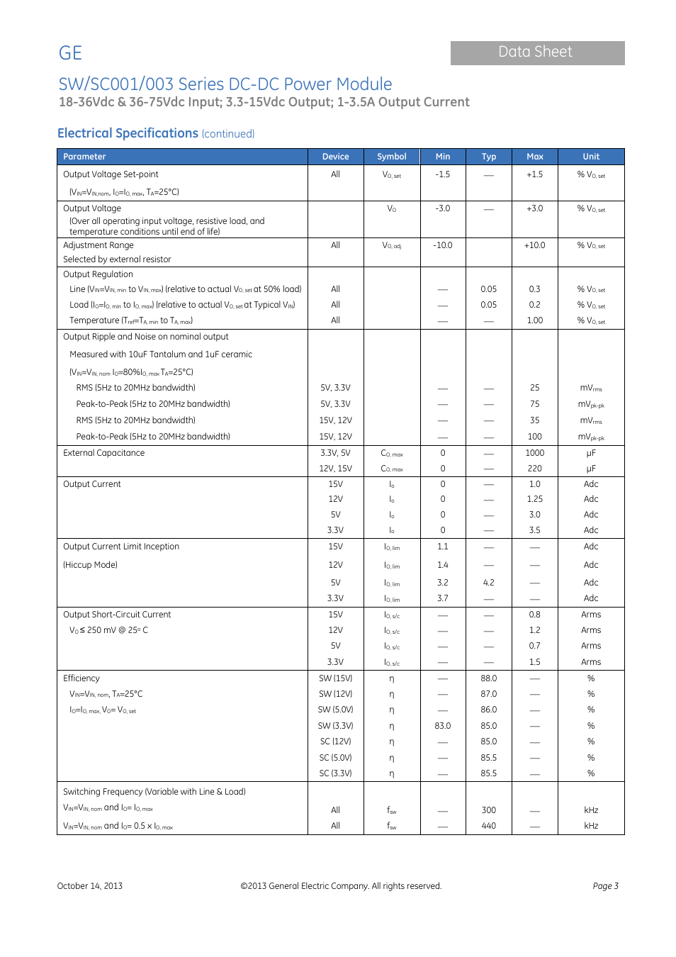 Data sheet, Electrical specifications | GE Industrial Solutions SW-SC001-003 Series User Manual | Page 3 / 25