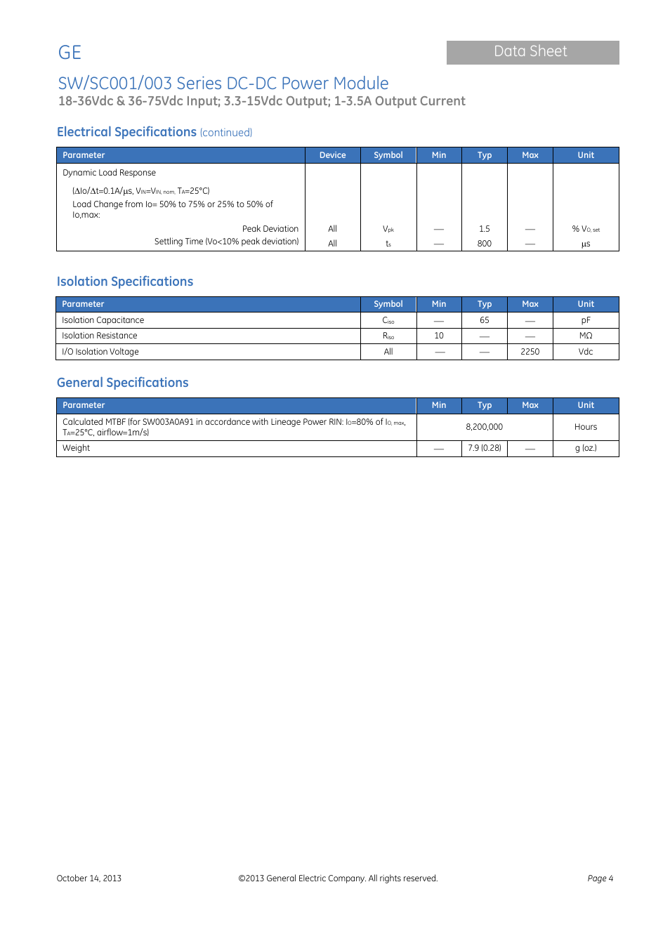 Data sheet, Electrical specifications, Isolation specifications | General specifications | GE Industrial Solutions SW-SC001-003 Series User Manual | Page 4 / 25