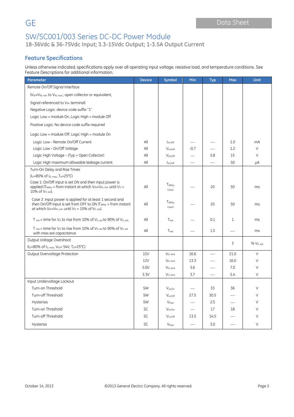 Data sheet, Feature specifications | GE Industrial Solutions SW-SC001-003 Series User Manual | Page 5 / 25