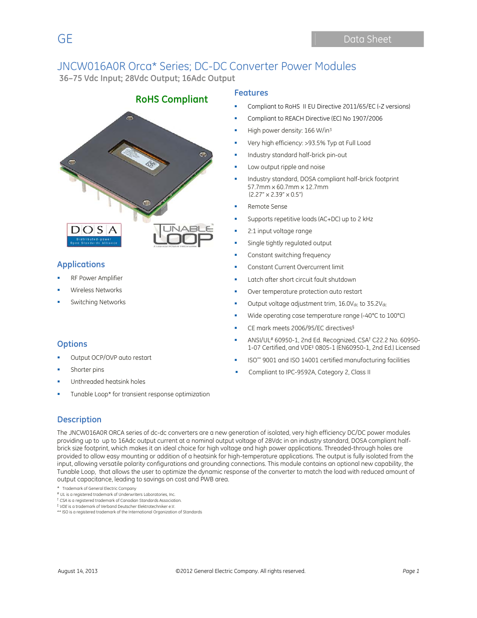 GE Industrial Solutions JNCW016A0R Orca Series User Manual | 15 pages