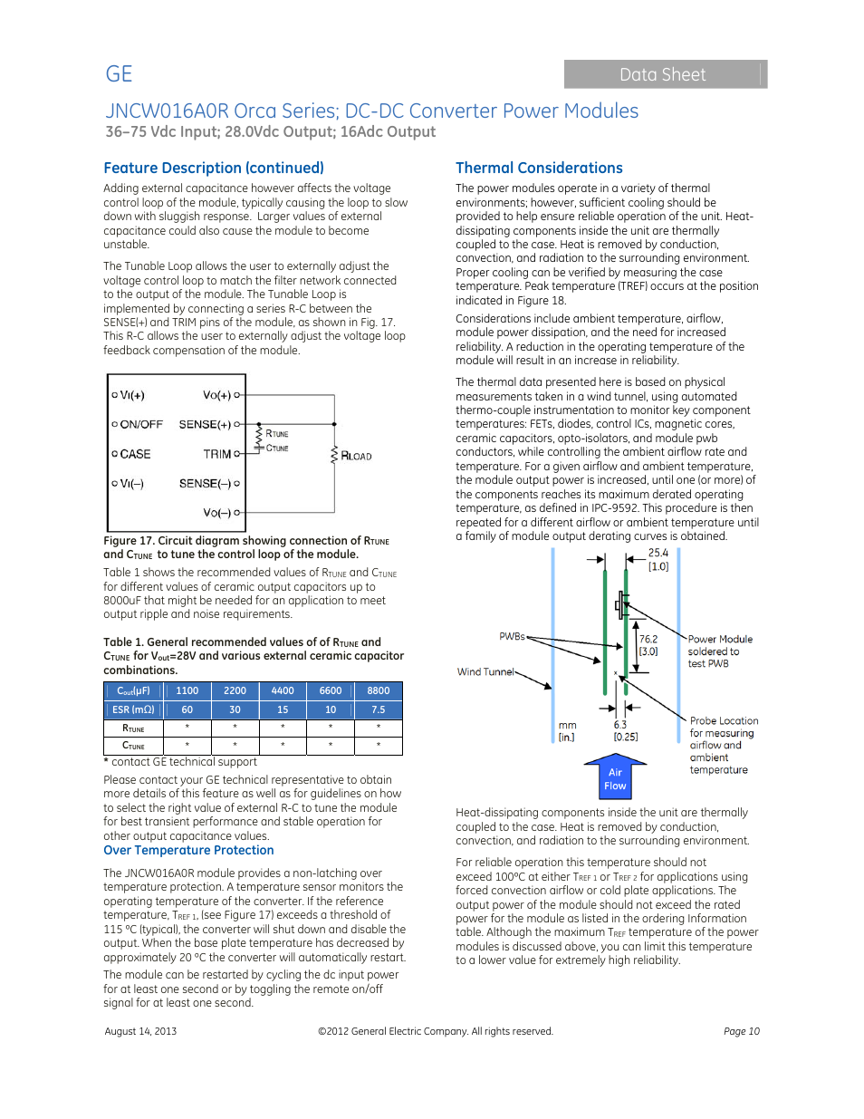 Data sheet, Feature description (continued), Thermal considerations | GE Industrial Solutions JNCW016A0R Orca Series User Manual | Page 10 / 15