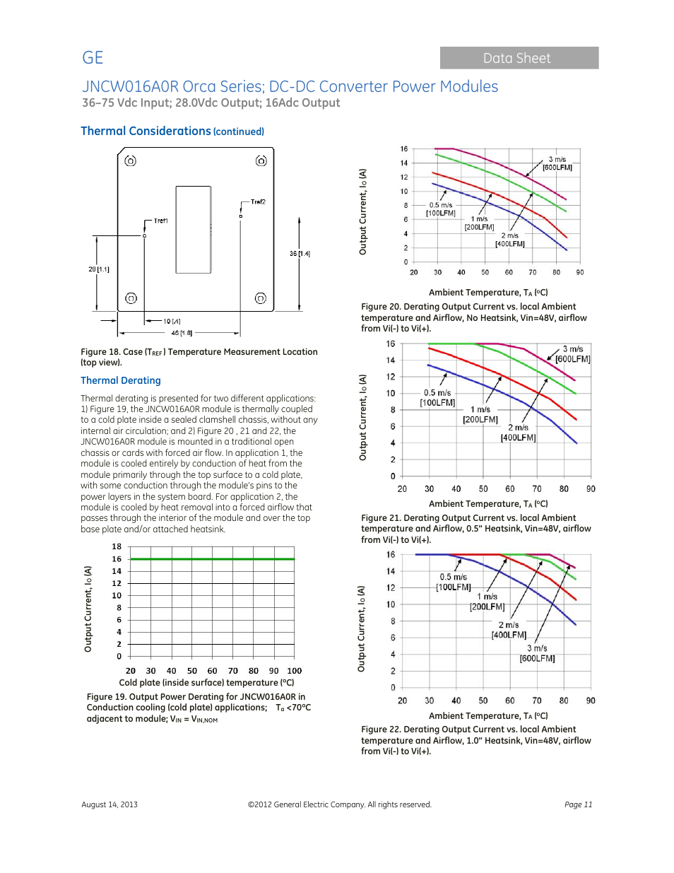 Data sheet, Thermal considerations | GE Industrial Solutions JNCW016A0R Orca Series User Manual | Page 11 / 15