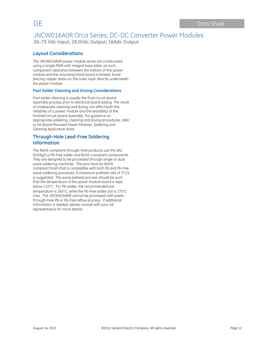 Data sheet | GE Industrial Solutions JNCW016A0R Orca Series User Manual | Page 12 / 15