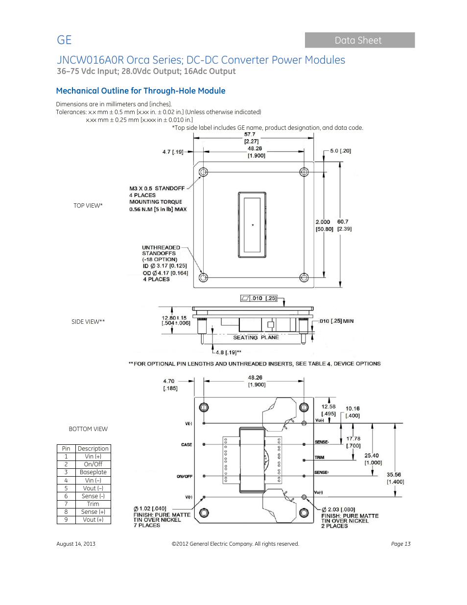 Data sheet | GE Industrial Solutions JNCW016A0R Orca Series User Manual | Page 13 / 15