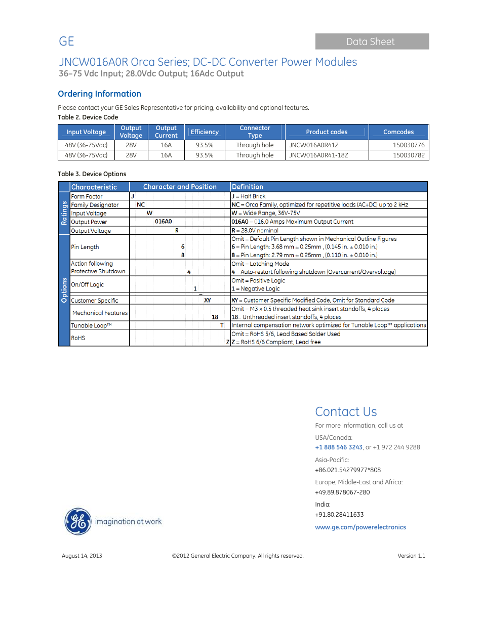 Contact us, Data sheet | GE Industrial Solutions JNCW016A0R Orca Series User Manual | Page 15 / 15