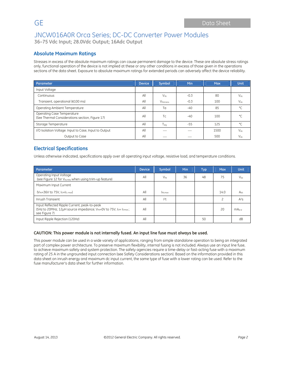 Data sheet, Absolute maximum ratings, Electrical specifications | GE Industrial Solutions JNCW016A0R Orca Series User Manual | Page 2 / 15