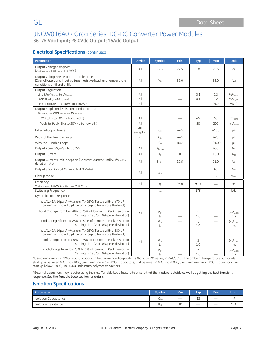 Data sheet, Electrical specifications, Isolation specifications | Continued) | GE Industrial Solutions JNCW016A0R Orca Series User Manual | Page 3 / 15