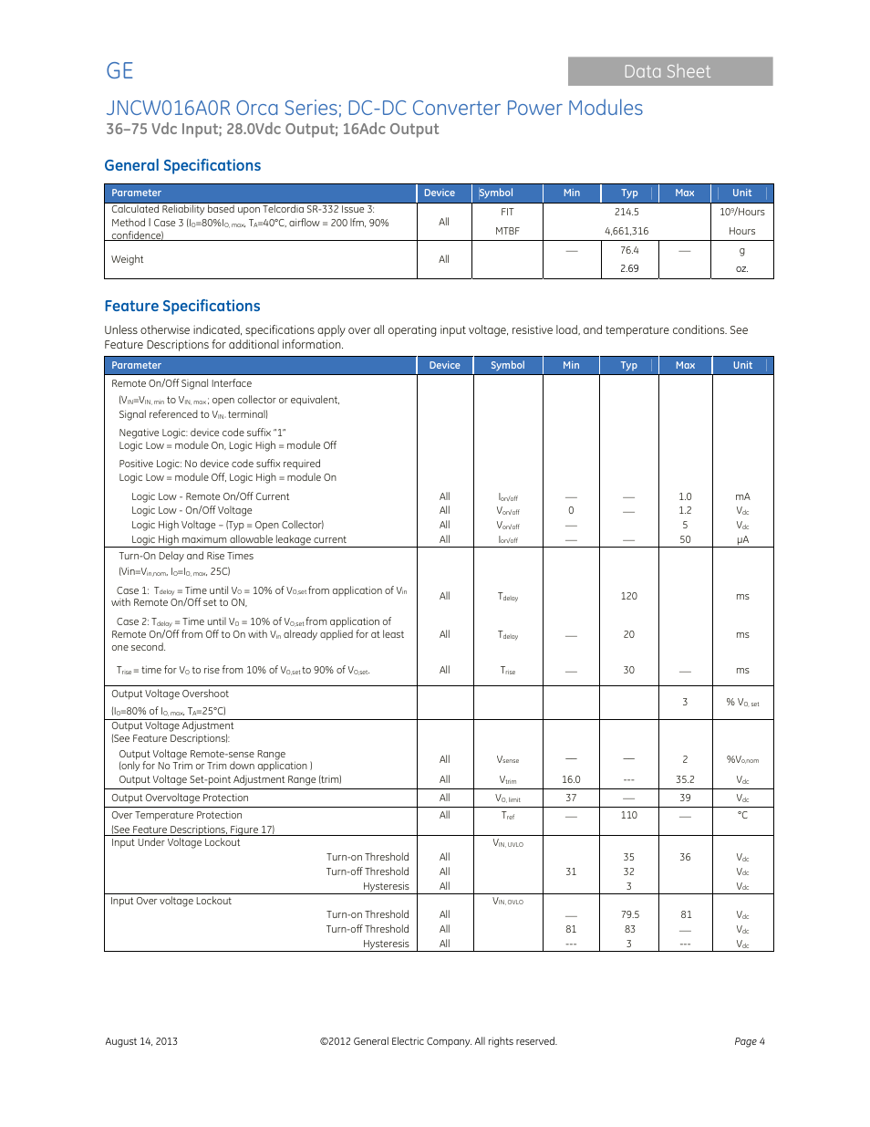 Data sheet, General specifications, Feature specifications | GE Industrial Solutions JNCW016A0R Orca Series User Manual | Page 4 / 15