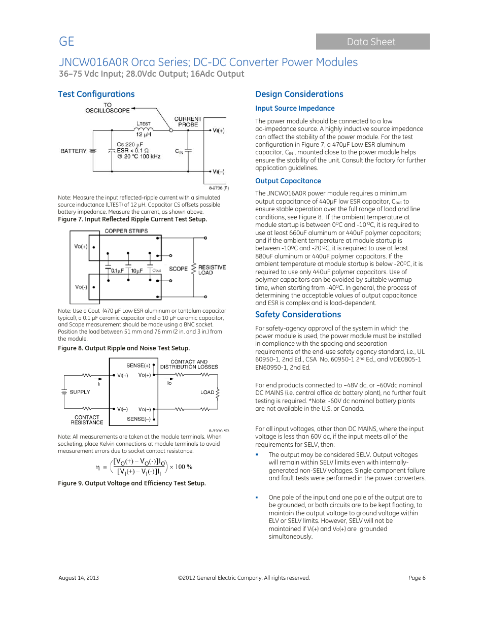 Data sheet, Test configurations, Design considerations | Safety considerations | GE Industrial Solutions JNCW016A0R Orca Series User Manual | Page 6 / 15