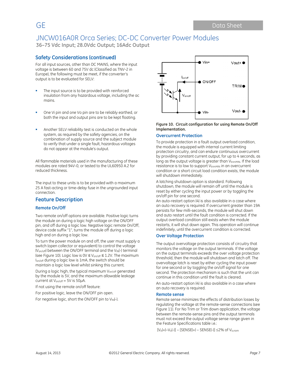 Data sheet, Safety considerations (continued), Feature description | GE Industrial Solutions JNCW016A0R Orca Series User Manual | Page 7 / 15