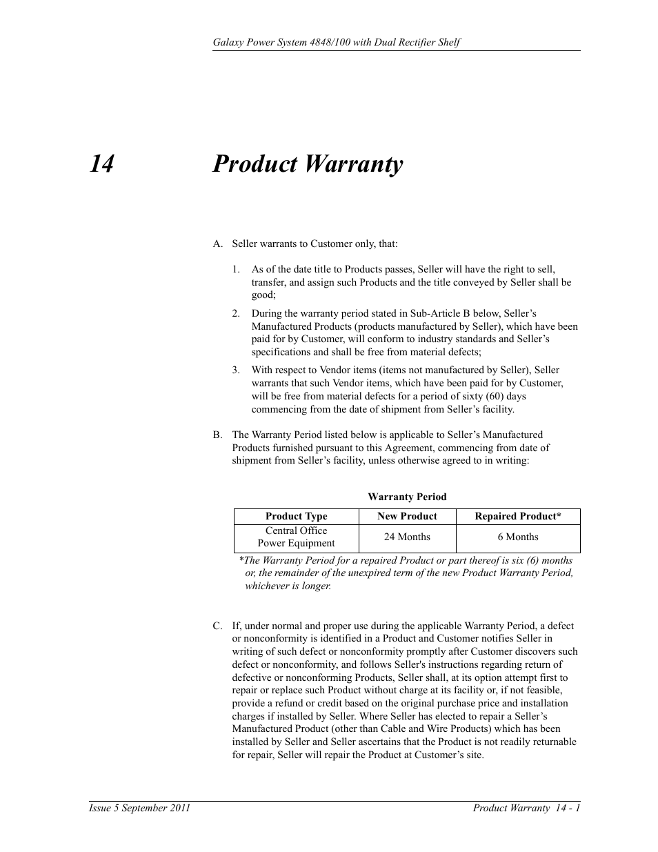 Product warranty, 14 product warranty | GE Industrial Solutions GPS 4848_100 Users Guide (dual rectifier shelf) User Manual | Page 115 / 118