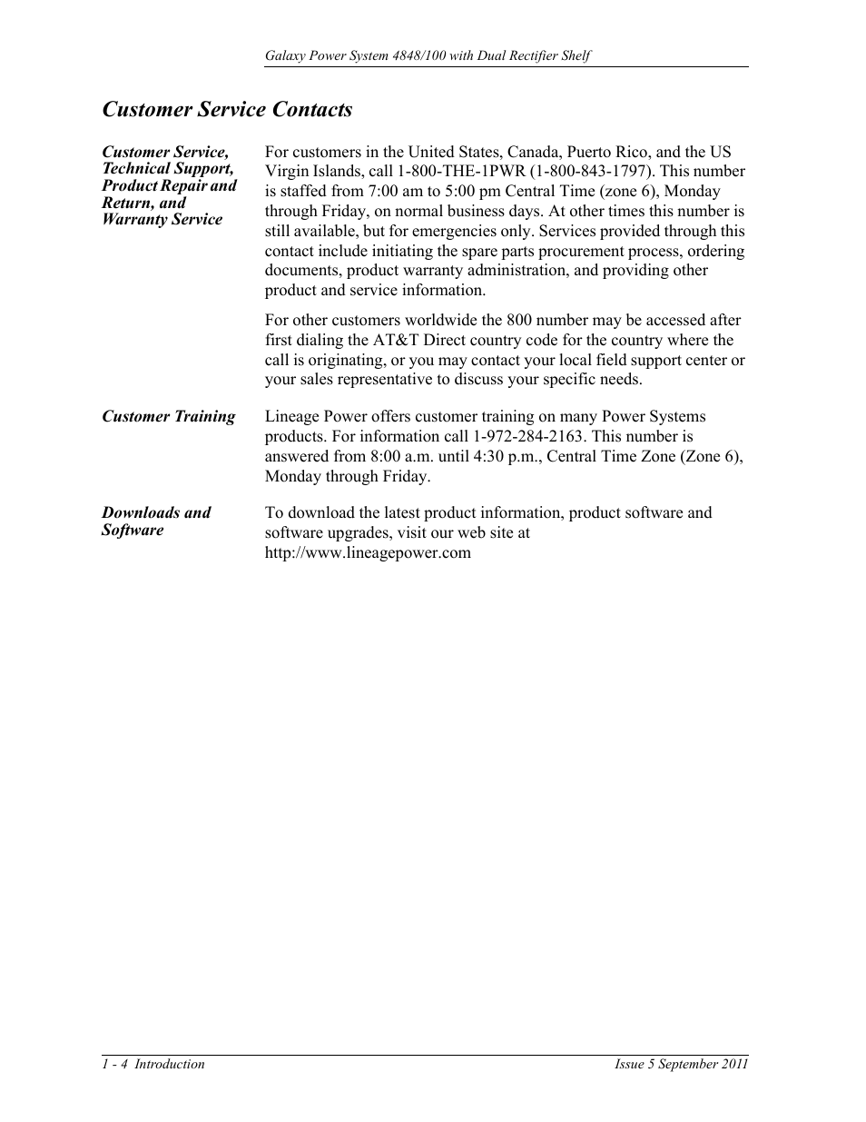 Customer service contacts, Customer training, Downloads and software | Return, and warranty service | GE Industrial Solutions GPS 4848_100 Users Guide (dual rectifier shelf) User Manual | Page 20 / 118