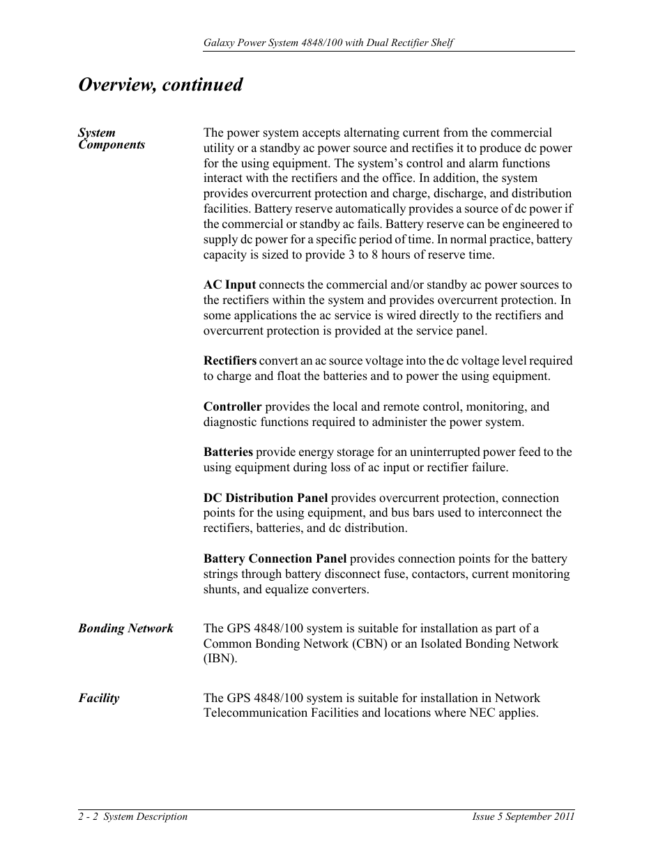 System components, Bonding network, Facility | Facility 2-2, Overview, continued | GE Industrial Solutions GPS 4848_100 Users Guide (dual rectifier shelf) User Manual | Page 22 / 118
