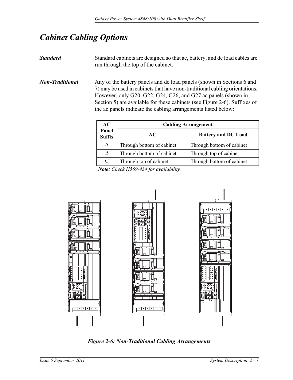 Standard, Non-traditional, Standard 2-7 non-traditional 2-7 | Figure 2-6: non-traditional cabling arrangements, Cabinet cabling options | GE Industrial Solutions GPS 4848_100 Users Guide (dual rectifier shelf) User Manual | Page 27 / 118