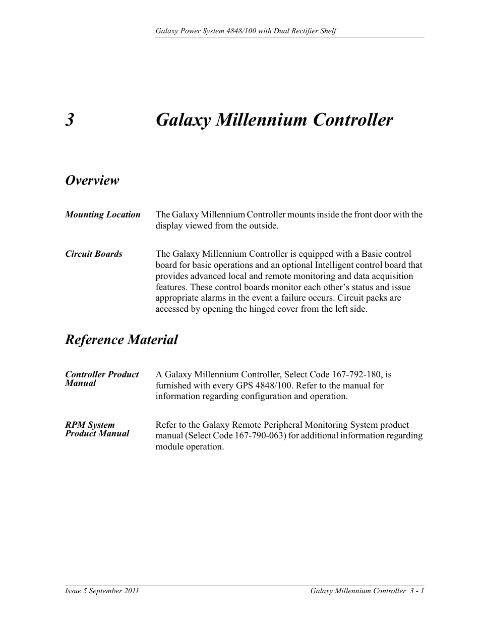 Galaxy millennium controller, Overview, Mounting location | Circuit boards, Reference material, Controller product manual, Rpm system product manual, 3 galaxy millennium controller, Overview 3-1, 3galaxy millennium controller | GE Industrial Solutions GPS 4848_100 Users Guide (dual rectifier shelf) User Manual | Page 31 / 118