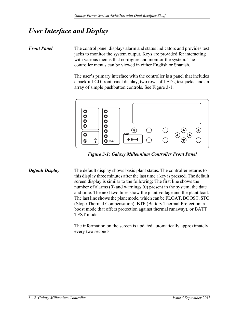 User interface and display, Front panel, Default display | GE Industrial Solutions GPS 4848_100 Users Guide (dual rectifier shelf) User Manual | Page 32 / 118