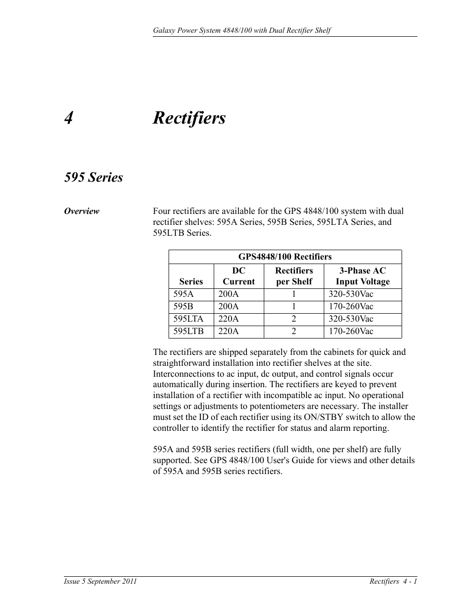 Rectifiers, 595 series, Overview | 4 rectifiers, Overview 4-1, 4rectifiers | GE Industrial Solutions GPS 4848_100 Users Guide (dual rectifier shelf) User Manual | Page 35 / 118