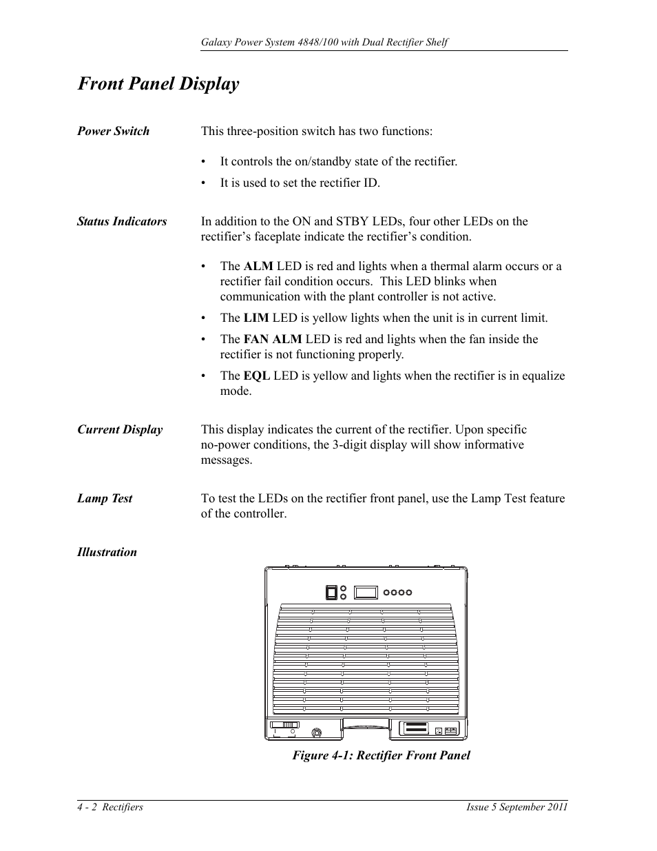 Front panel display, Power switch, Status indicators | Current display, Lamp test, Illustration, Illustration 4-2, Figure 4-1: rectifier front panel | GE Industrial Solutions GPS 4848_100 Users Guide (dual rectifier shelf) User Manual | Page 36 / 118