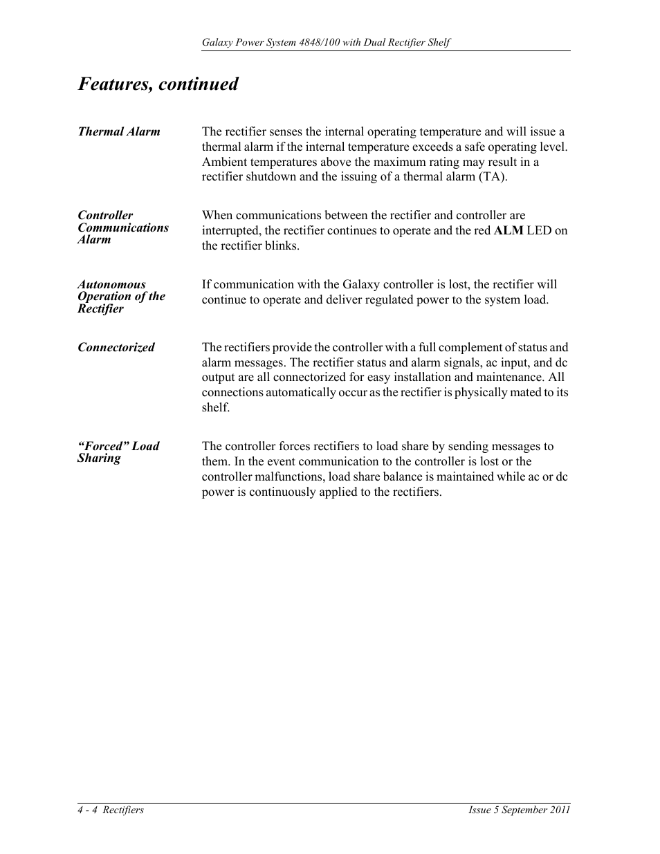 Thermal alarm, Controller communications alarm, Autonomous operation of the rectifier | Connectorized, Forced” load sharing, Connectorized 4-4 “forced” load sharing, Features, continued | GE Industrial Solutions GPS 4848_100 Users Guide (dual rectifier shelf) User Manual | Page 38 / 118