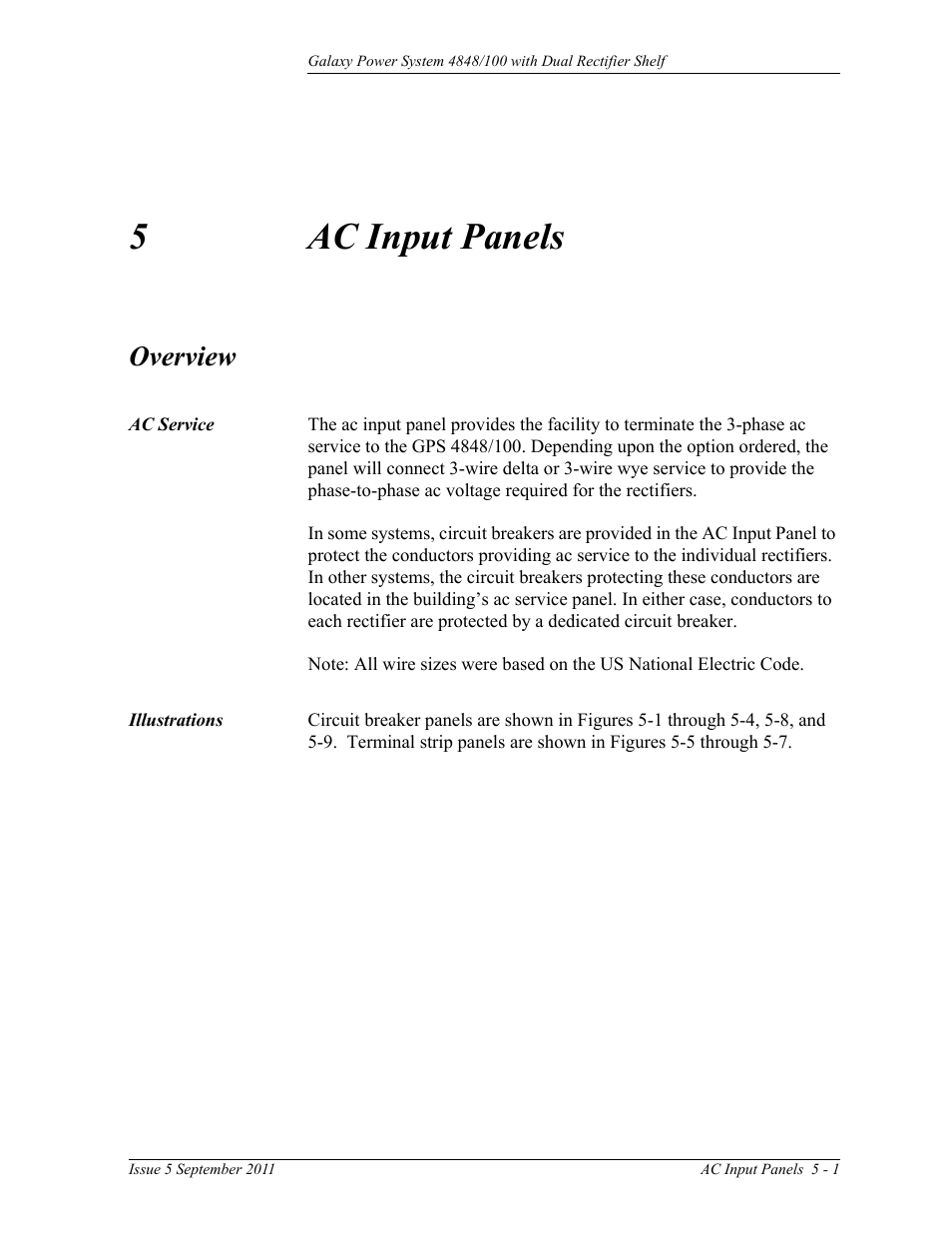 Ac input panels, Overview, Ac service | Illustrations, 5 ac input panels, Overview 5-1, Illustrations 5-1, 5ac input panels | GE Industrial Solutions GPS 4848_100 Users Guide (dual rectifier shelf) User Manual | Page 39 / 118