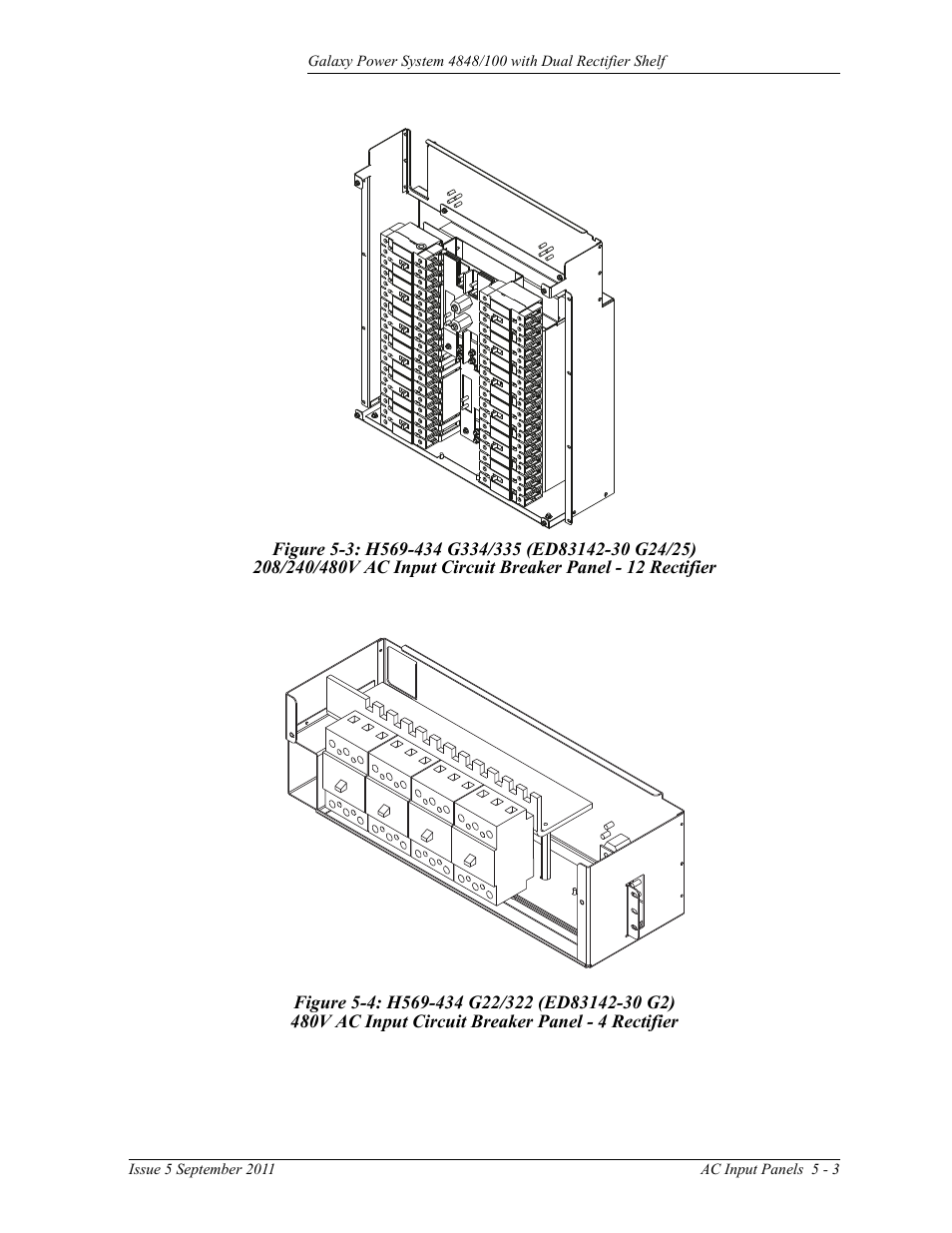 Figure 5-3: h569-434 g334/335 (ed83142-30 g24/25), Figure 5-4: h569-434 g22/322 (ed83142-30 g2), 480v ac input circuit breaker panel - 4 rectifier | GE Industrial Solutions GPS 4848_100 Users Guide (dual rectifier shelf) User Manual | Page 41 / 118