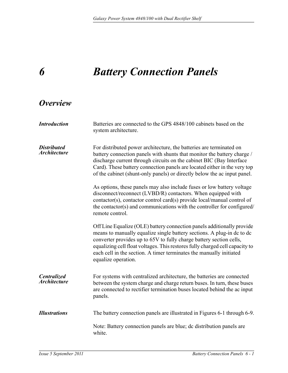 Battery connection panels, Overview, Introduction | Distributed architecture, Centralized architecture, Illustrations, 6 battery connection panels, Overview 6-1, Introduction 6-1 distributed architecture, Illustrations 6-1 | GE Industrial Solutions GPS 4848_100 Users Guide (dual rectifier shelf) User Manual | Page 45 / 118