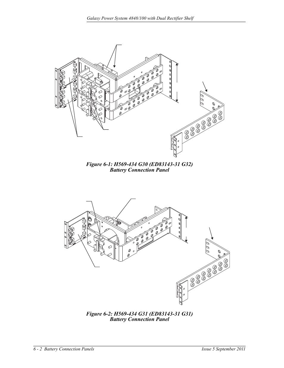 Figure 6-1: h569-434 g30 (ed83143-31 g32), Battery connection panel, Figure 6-2: h569-434 g31 (ed83143-31 g31) | GE Industrial Solutions GPS 4848_100 Users Guide (dual rectifier shelf) User Manual | Page 46 / 118