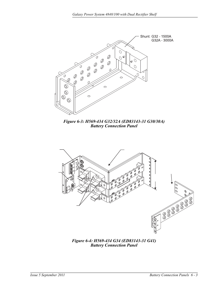 Figure 6-3: h569-434 g32/32a (ed83143-31 g30/30a), Battery connection panel, Figure 6-4: h569-434 g34 (ed83143-31 g41) | GE Industrial Solutions GPS 4848_100 Users Guide (dual rectifier shelf) User Manual | Page 47 / 118